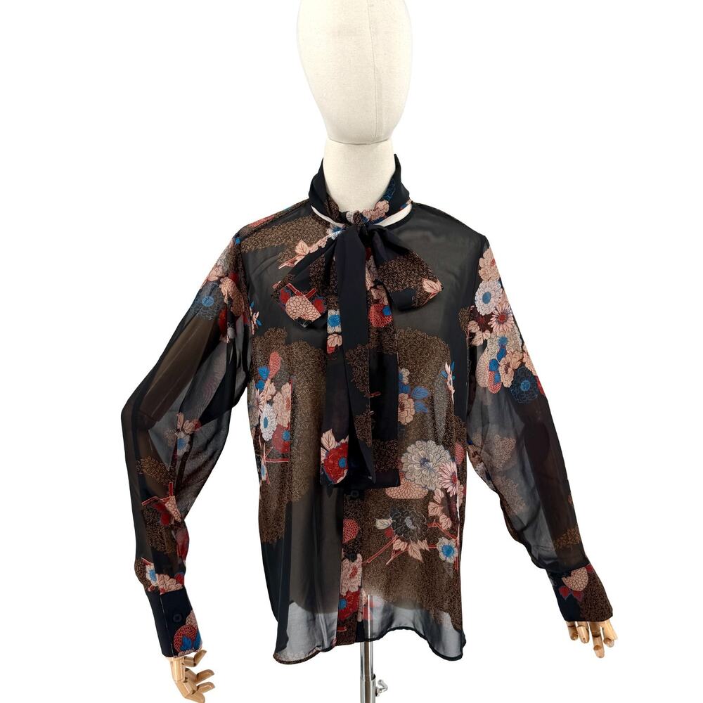 Jason Wu Black Burnt Orange Floral Pussybow Sheer Blouse